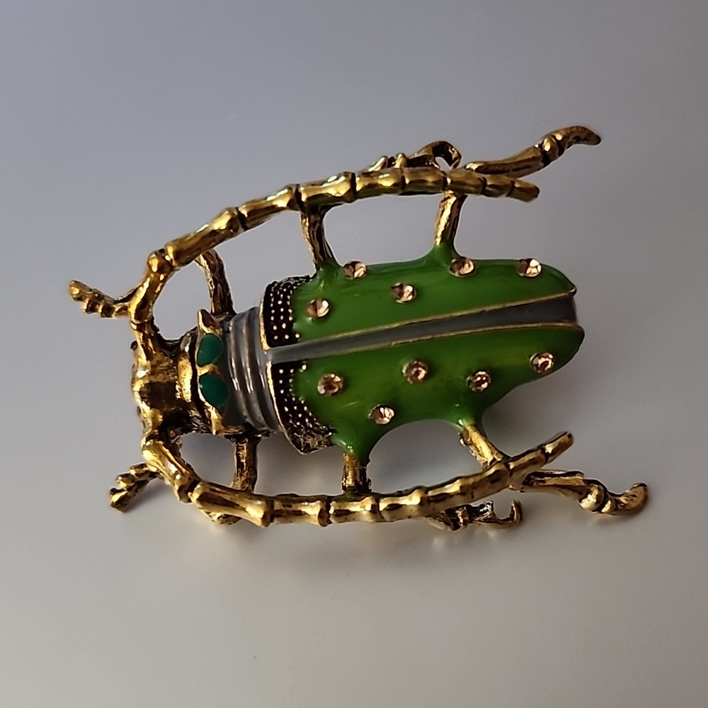 Green Beetle Brooch – Gold Tone Rhinestone Accent #3